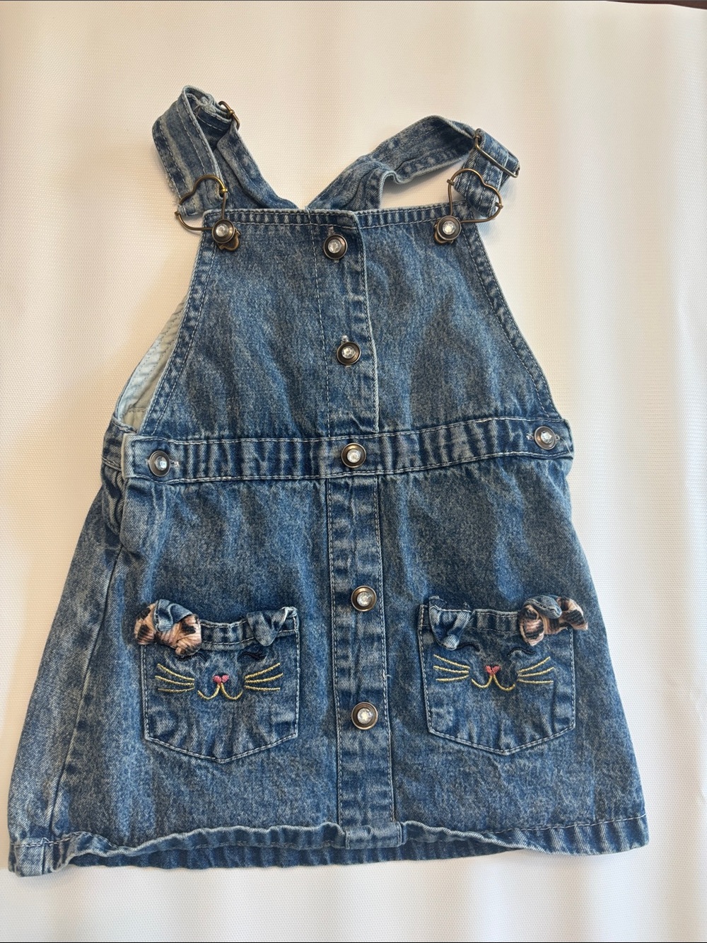 Blue Denim Girls' Overall Dress with Cat Pocket Embroidery